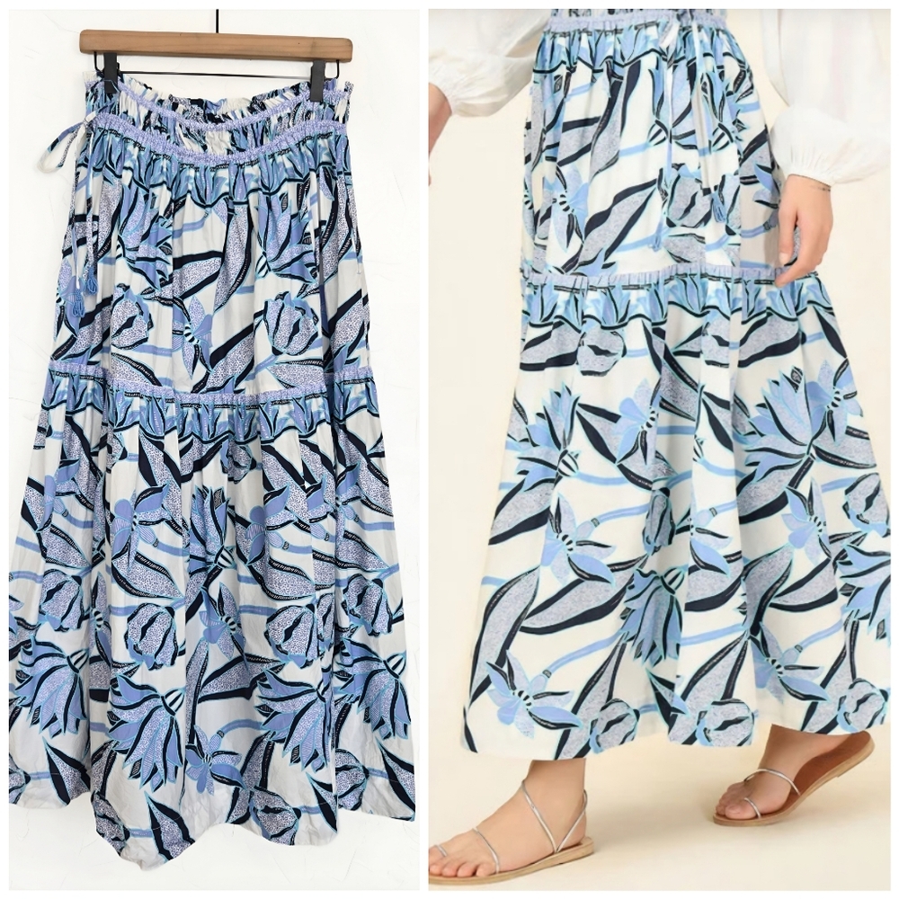 Omika Floral White Blue Boho Rosalita Maxi Skirt, S - Picture 11 of 11